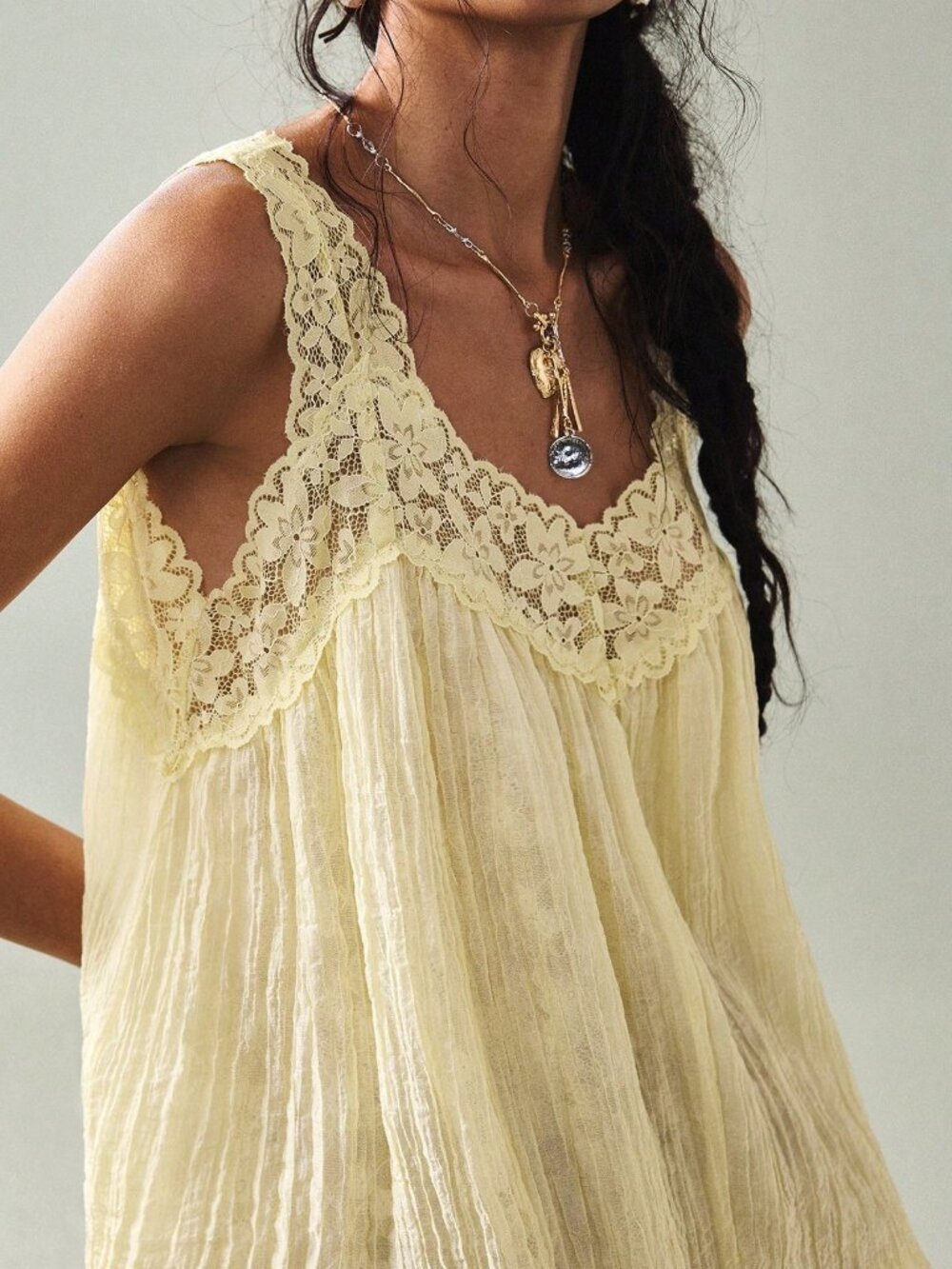 Light Yellow Boho Women's Minimalist Lace Patchwork Cami Top - Picture 3 of 8